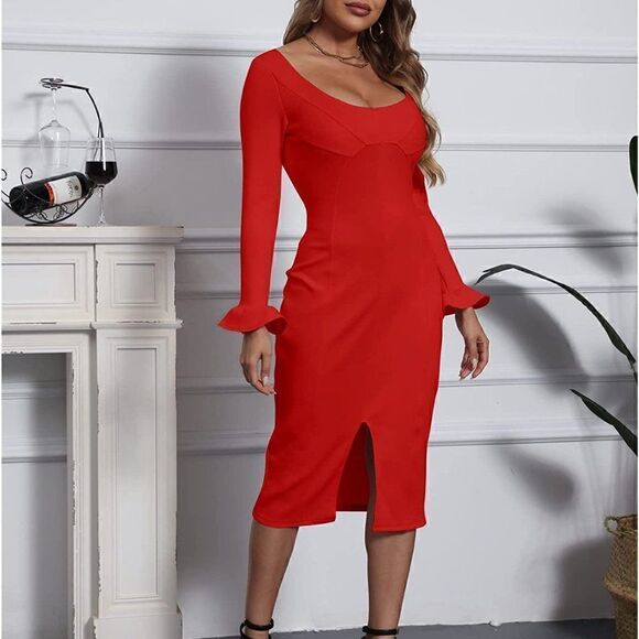 Long Ruffle Sleeve Front Slit Bodycon Party Midi Red Dress NEW Size L - Picture 7 of 9